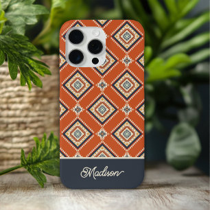 Aztec Tribal Pattern Rust Blue Personalised Name iPhone 15 Pro Max Case