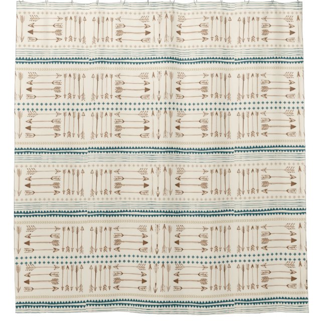 Aztec Tribal Print Arrows Neutral Brown Beige teal Shower Curtain (Front)