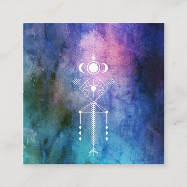*~* Aztec Tribal Sacred Geometry Watercolor Shaman Square Business Card (Front)