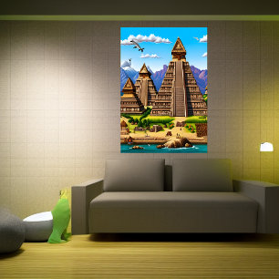Aztec village near a river   AI Art  Poster