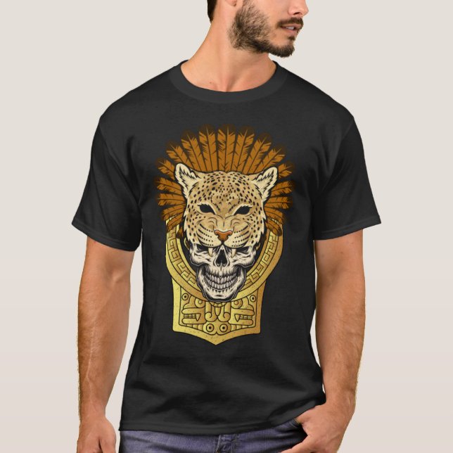 Aztec Warrior Jaguar Death Skull Native Headdress  T-Shirt (Front)