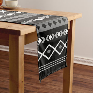 Aztec White Grey Black Mixed Motifs Lg Pattern Short Table Runner