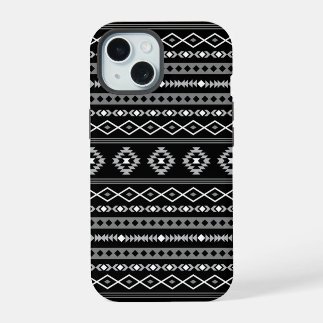 Aztec White Grey Black Mixed Motifs Pattern iPhone 15 Case (Back)