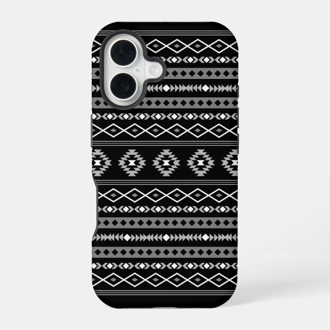 Aztec White Grey Black Mixed Motifs Pattern iPhone 16 Case (Back)