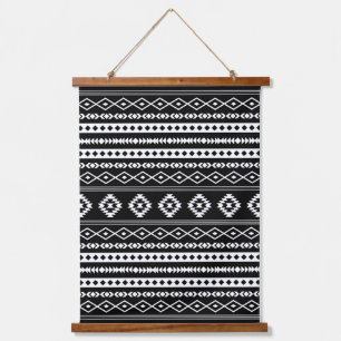 Aztec White on Black Mixed Motifs Pattern Hanging Tapestry