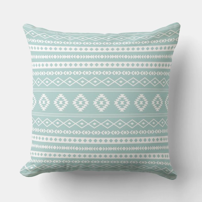 Aztec White on Light Teal Mixed Motifs Pattern Cushion (Front)