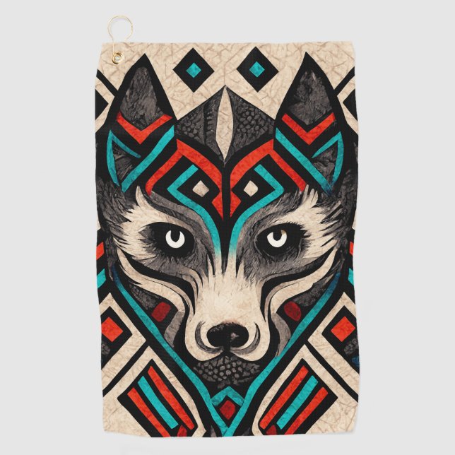 Aztec Wolf Face Golf Towel (Front)