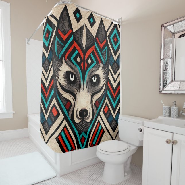 Aztec Wolf Face Shower Curtain (In Situ)