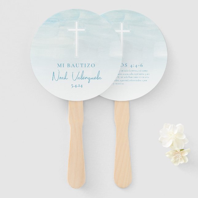 Azul Bautizo Recuerdo Abanico de Mano Hand Fans (Front and Back)