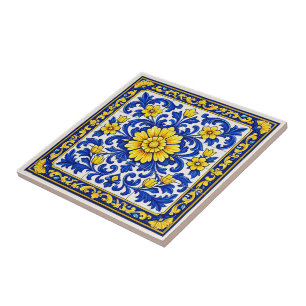 Azul Flor Dourada — Floral Azulejo  Tile