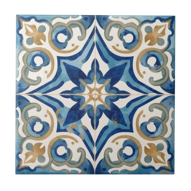 Azulejo blue and beige mosaic vintage bulk tile (Front)