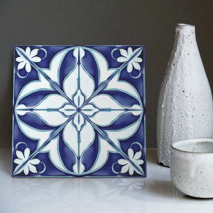 Azulejo Blue and White Symmetrical Floral Tile