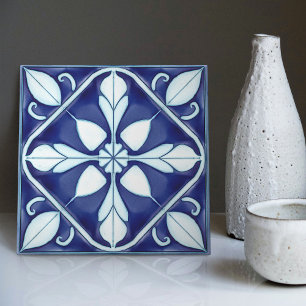 Azulejo Blue and White Symmetrical Floral Tile