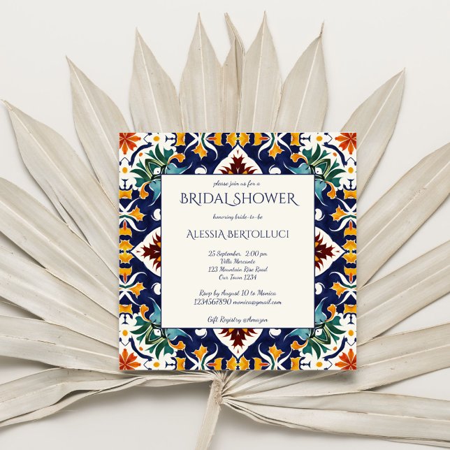 Azulejo blue colourful Mediterranean bridal shower Invitation (Azulejo blue colorful Portugueses  Mediterranean ornate tile bridal shower Invitation template )