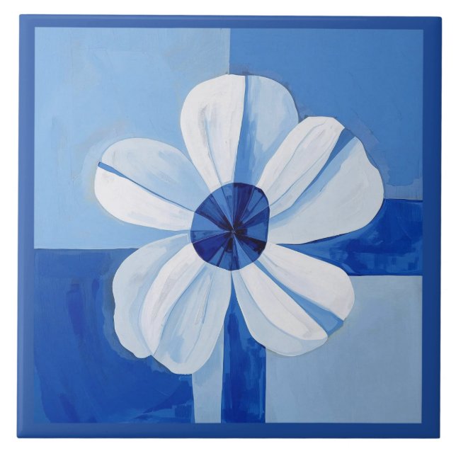 Azulejo Blue Minimalist Flower Floral Tile (Front)