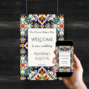 Azulejo blue Portuguese Mediterranean welcome sign