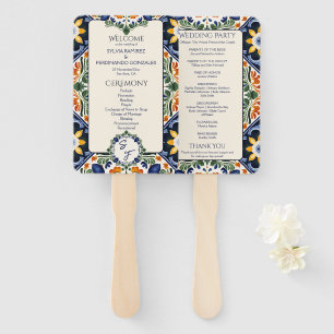 Azulejo blue Talavera Mexican wedding program Hand Fan