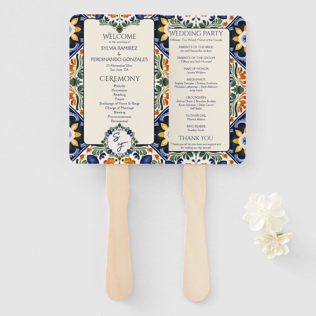 Azulejo blue Talavera Mexican wedding program Hand Fan (Front and Back)