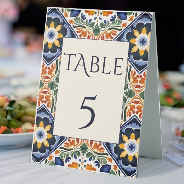 Azulejo blue Talavera vintage Mexican wedding (Azulejo blue Talavera vintage Mexican wedding Table numbers Tent Sign table number cards)