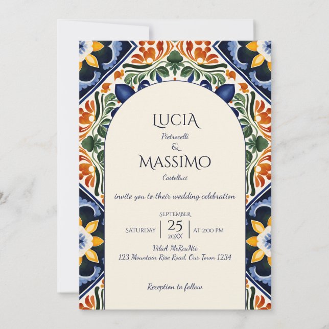 Azulejo blue Talavera vintage Mexican wedding Invitation (Front)