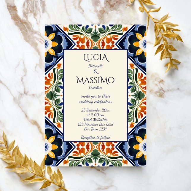 Azulejo blue Talavera vintage Mexican wedding Invitation (Azulejo blue Talavera tiles vintage Mexican wedding Invitation editable template instant download)