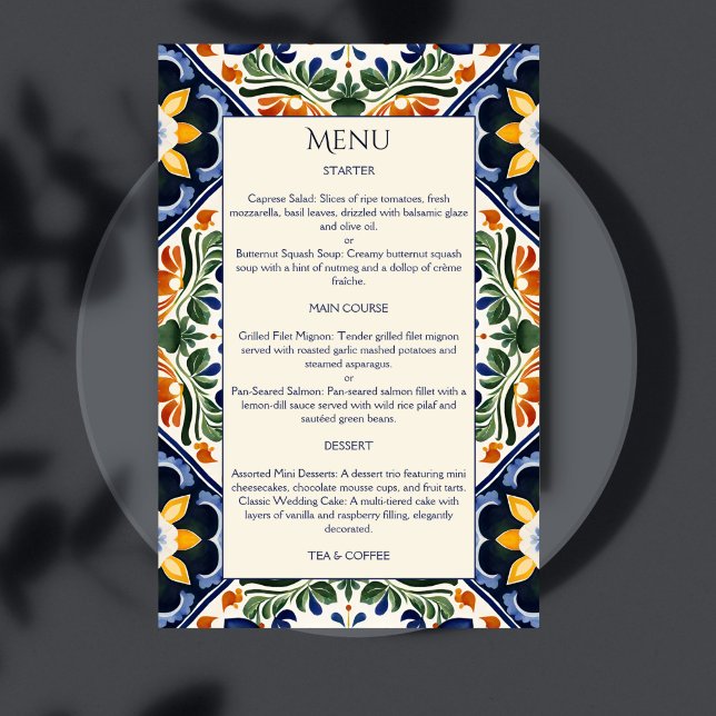 Azulejo blue Talavera vintage Mexican wedding menu (Azulejo blue Spanish Talavera tiles vintage Mexican wedding menu cards personalized table decor)