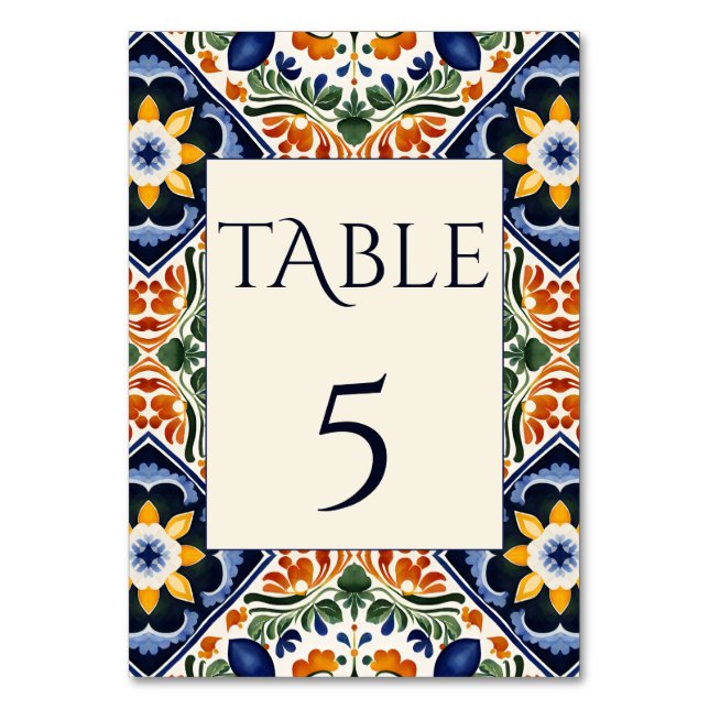 Azulejo blue Talavera vintage Mexican wedding Table Number (Front)