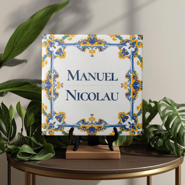 Azulejo Colorful Custom Name Plate Plaque Sign  Tile (Azulejo Mediterranean Blue & White Custom House Name Or Family Name Plaque Sign Square Ceramic Tile)