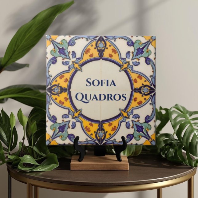 Azulejo Colorful Custom Name Plate Plaque Sign Tile (Azulejo Mediterranean Blue & White Custom House Name Or Family Name Plaque Sign Square Ceramic Tile)
