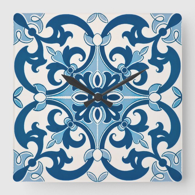 Azulejo Fleur De Lis Style Pattern Square Wall Clock (Front)