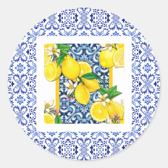 Azulejo grecian lemon Portuguese tiles summer Classic Round Sticker (Front)
