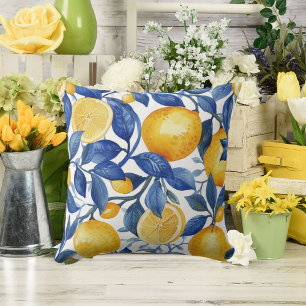 Azulejo Lemons Blue Leaves #1 Cushion