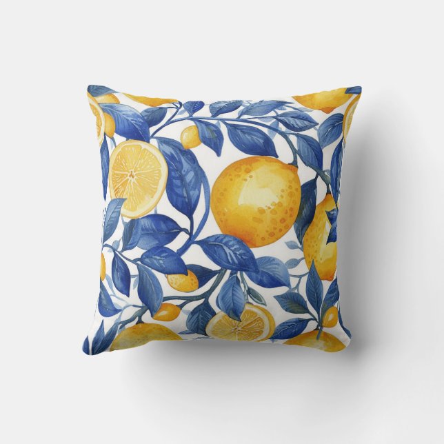 Azulejo Lemons Blue Leaves #1 Cushion (Back)