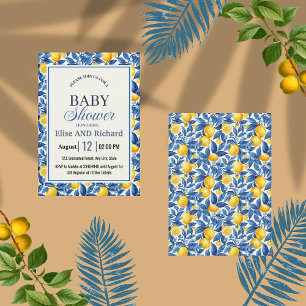 Azulejo Lemons Blue Leaves Botanical Baby Shower Invitation