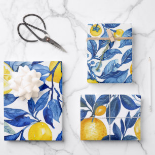 Azulejo Lemons Blue Leaves Pattern Wrapping Paper Sheet