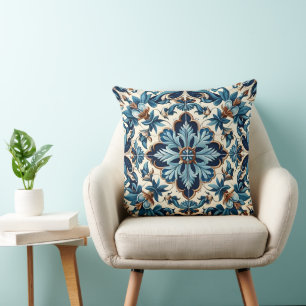Azulejo Porcelain Blue Tile Mediterranean Pattern Cushion