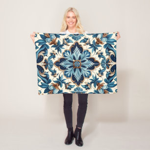 Azulejo Porcelain Blue Tile Mediterranean Pattern Fleece Blanket