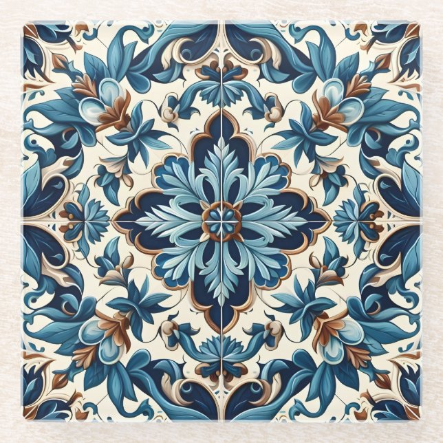 Azulejo Porcelain Blue Tile Mediterranean Pattern Glass Coaster (Front)