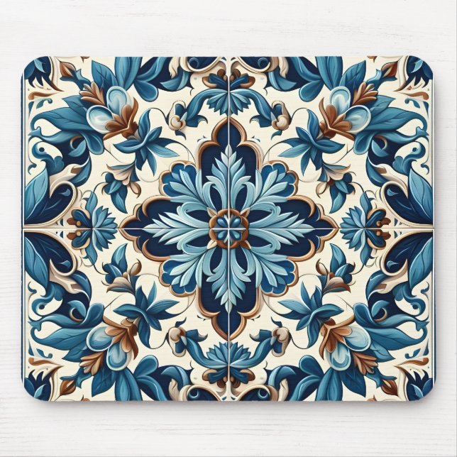 Azulejo Porcelain Blue Tile Mediterranean Pattern Mouse Mat (Front)