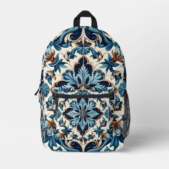 Azulejo Porcelain Blue Tile Mediterranean Pattern Printed Backpack (Front)