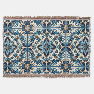 Azulejo Porcelain Blue Tile Mediterranean Pattern Throw Blanket