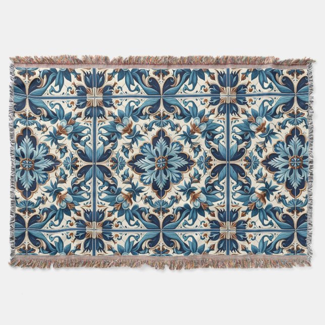 Azulejo Porcelain Blue Tile Mediterranean Pattern Throw Blanket (Front)