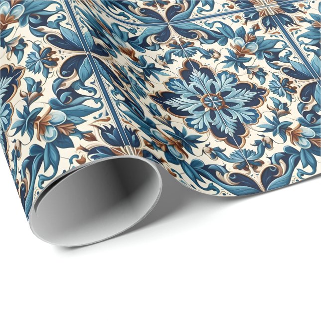 Azulejo Porcelain Blue Tile Mediterranean Pattern Wrapping Paper (Roll Corner)