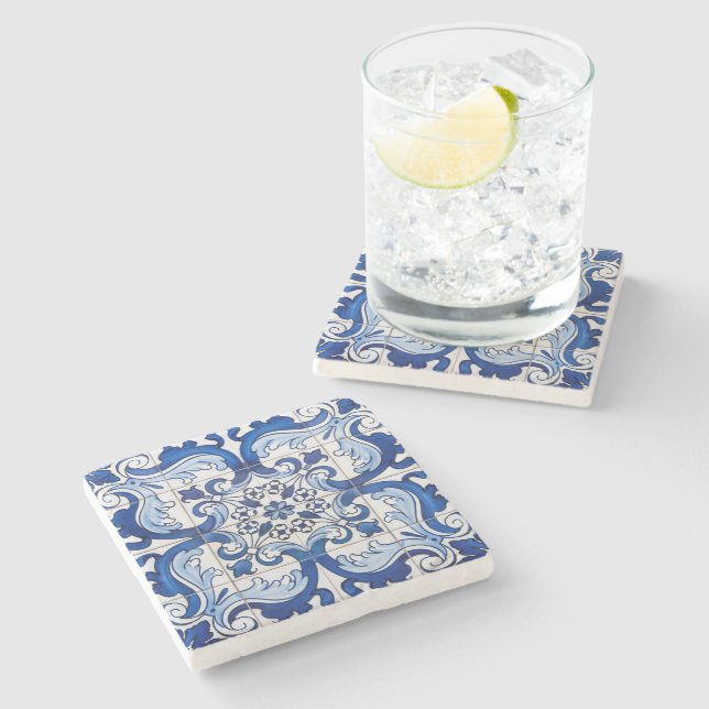 Azulejo Portuguese Floral Pattern Stone Coaster (Side)
