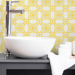 Azulejo Portuguese Mediterranean Yellow Blue 1 Tile<br><div class="desc">Stylish Portuguese Mediterranean style pattern ceramic tile light yellow pattern with light blue on a white background. Perfect for interior design or backsplash. Pattern version 1.</div>