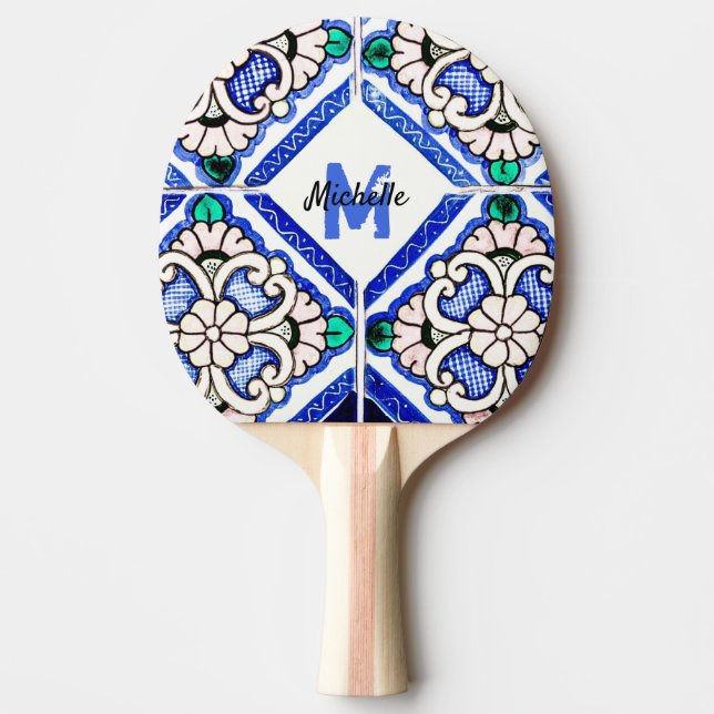 Azulejo Spanish Navy White Monogram Table Tennis Ping Pong Paddle (Front)