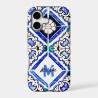 Azulejo Spanish Pattern Tiles Navy White Monogram