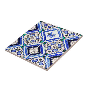 Azulejo Spanish Pattern Tiles Navy White Monogram