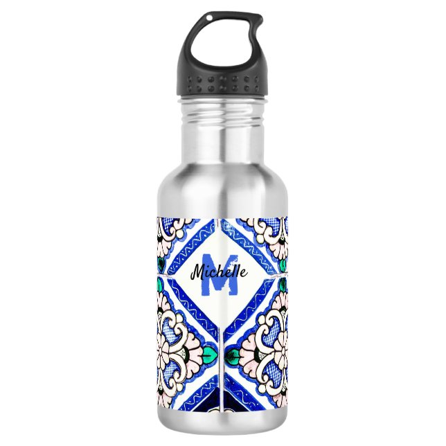 Azulejo Spanish Pattern Tiles Navy White Monogram 532 Ml Water Bottle (Front)