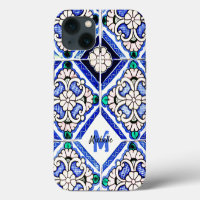 Azulejo Spanish Pattern Tiles Navy White Monogram